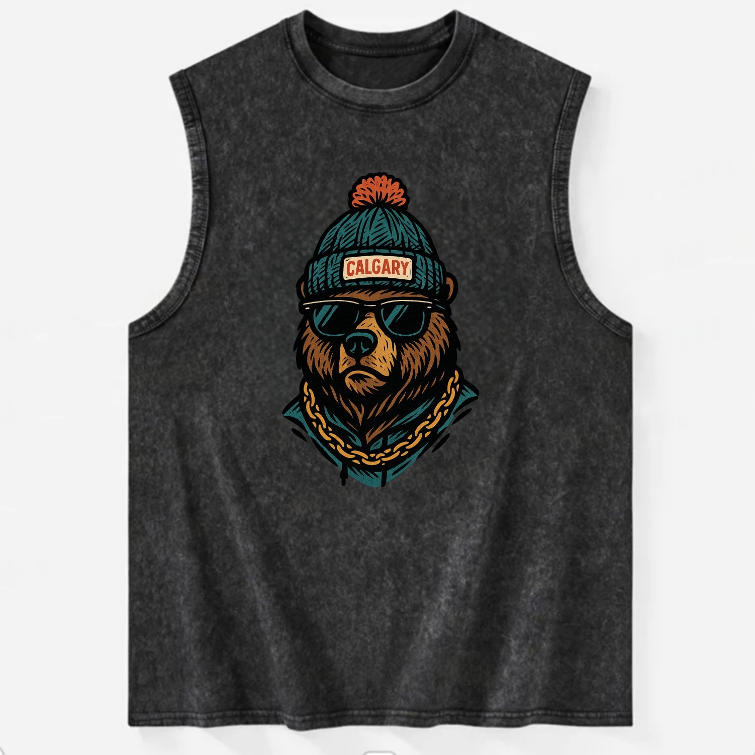 Calgary Grizzly Bear wearing Calgary beanie with pom pom and wayfarer - Vintage Washed Tank - Black