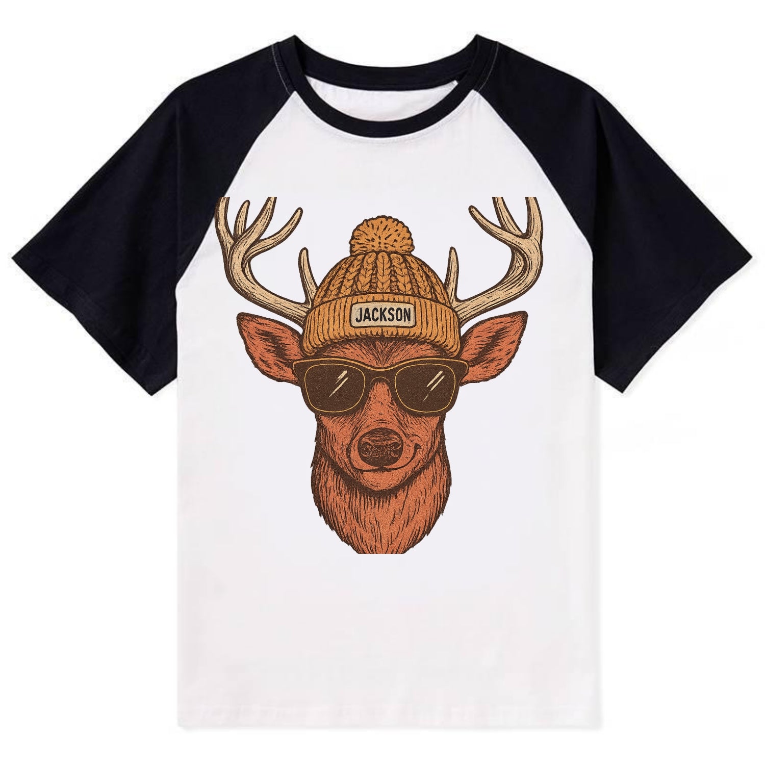 Mississippi White-tailed Deer wearing Jackson beanie with pom pom and - Contrast Raglan T-shirt - Black