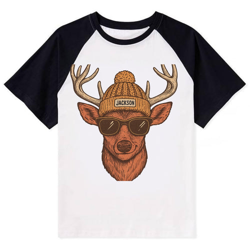 Mississippi White-tailed Deer wearing Jackson beanie with pom pom and - Contrast Raglan T-shirt