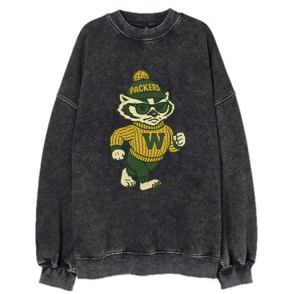 Wisconsin Badger wearing Packers green and gold beanie with pom pom and - Vintage Sweatshirt - Black