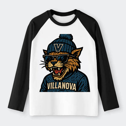 Villanova Wildcat wearing Villanova beanie with V patch - Raglan Long Sleeve T-Shirt - Black