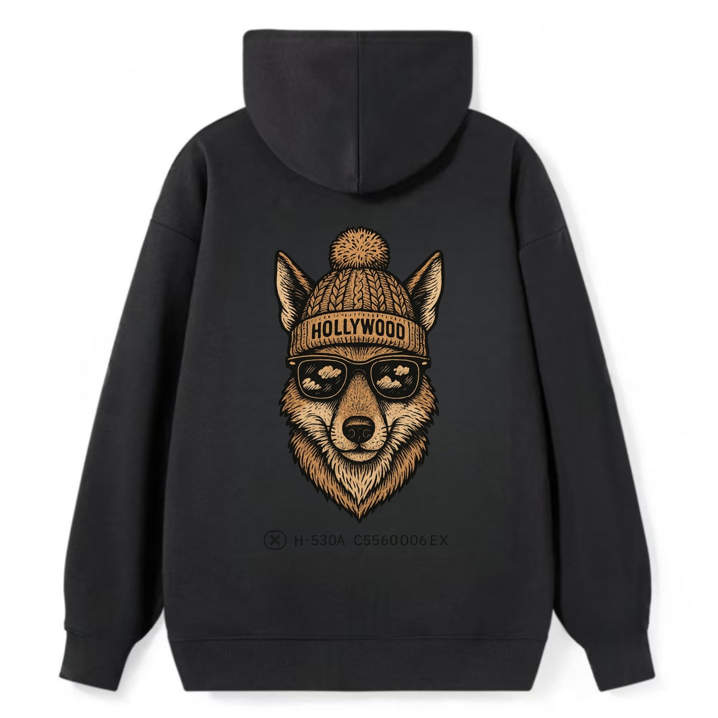 LA Coyote wearing Hollywood beanie with pom pom and wayfarer sunglasses - Classic Pullover Hoodie - Black