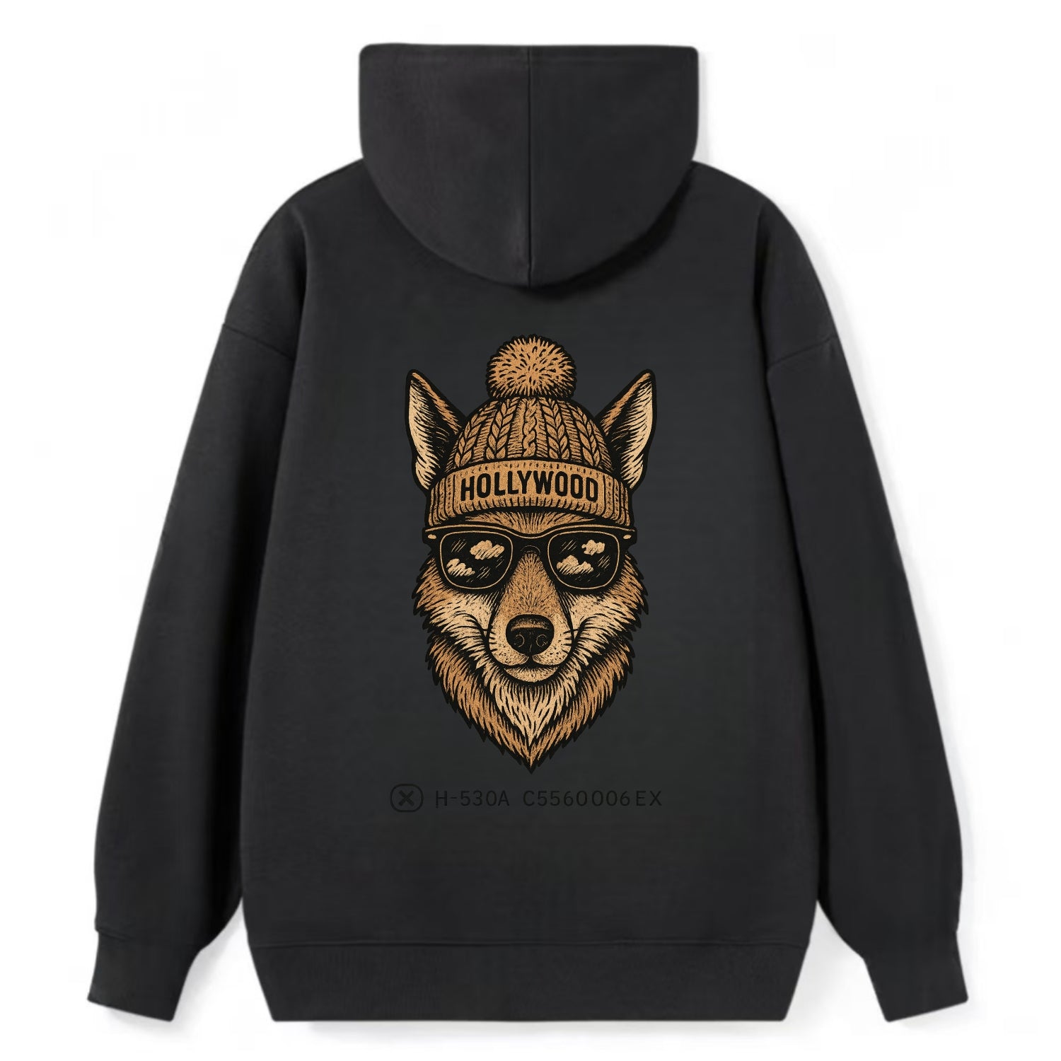 LA Coyote wearing Hollywood beanie with pom pom and wayfarer sunglasses - Classic Pullover Hoodie - Black