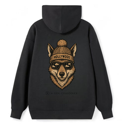 LA Coyote wearing Hollywood beanie with pom pom and wayfarer sunglasses - Classic Pullover Hoodie - Black