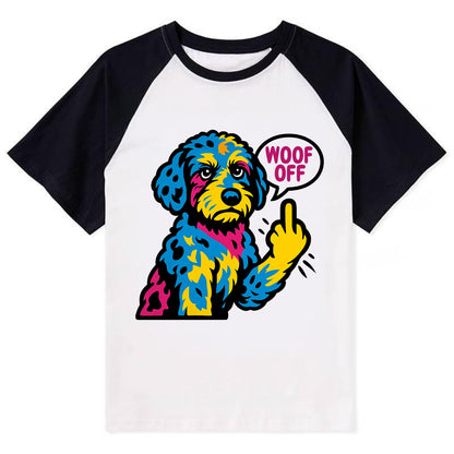 Aussiedoodle with merle patches and curly coat, playful smart paw raised - Contrast Raglan T-shirt - Black