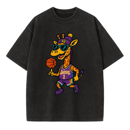 California Giraffe wearing Lakers beanie with palm tree patch and wayfarer - Vintage T-shirt - Black