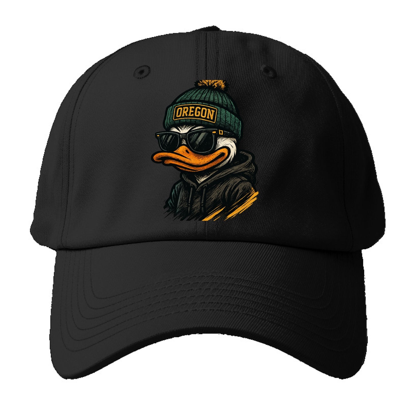 Eugene Duck wearing Oregon beanie with O patch - Baseball Cap - Black
