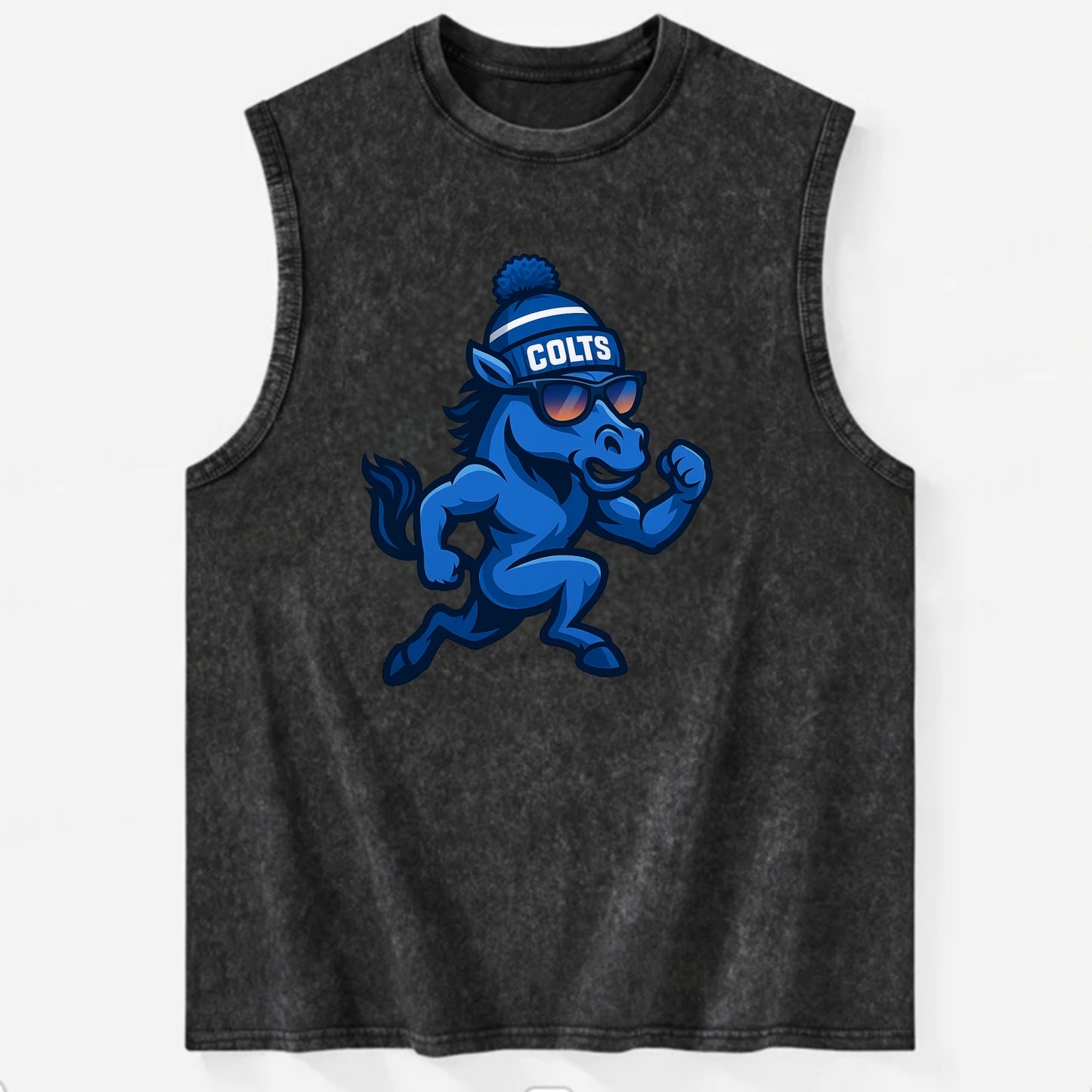Indianapolis Colt Horse wearing Colts blue and white beanie with pom pom and - Vintage Washed Tank - Black