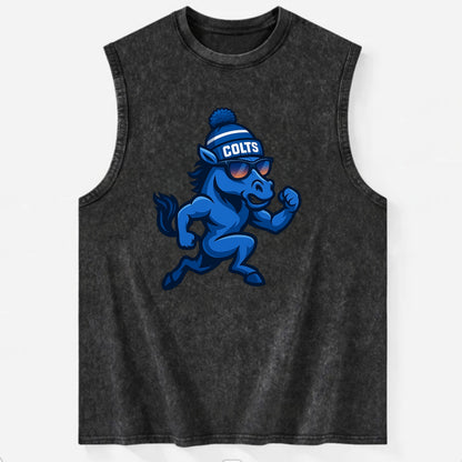 Indianapolis Colt Horse wearing Colts blue and white beanie with pom pom and - Vintage Washed Tank - Black