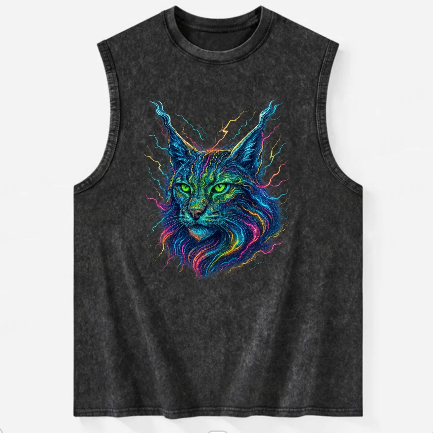 Wild lynx with ear tufts transforming into liquid mercury flows, silver and - Vintage Washed Tank - Black