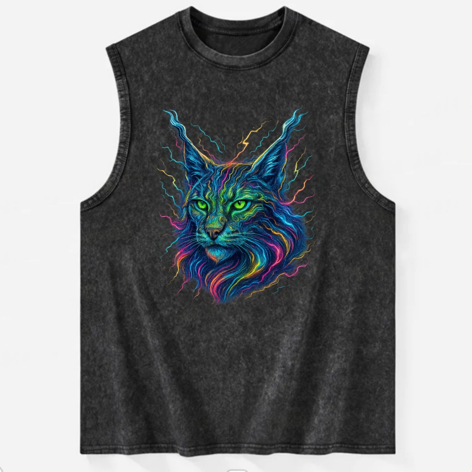 Wild lynx with ear tufts transforming into liquid mercury flows, silver and - Vintage Washed Tank - Black