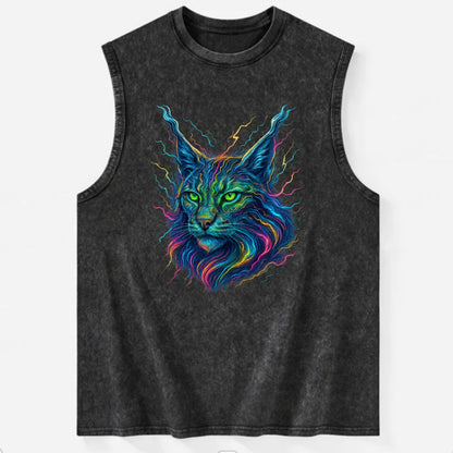 Wild lynx with ear tufts transforming into liquid mercury flows, silver and - Vintage Washed Tank - Black