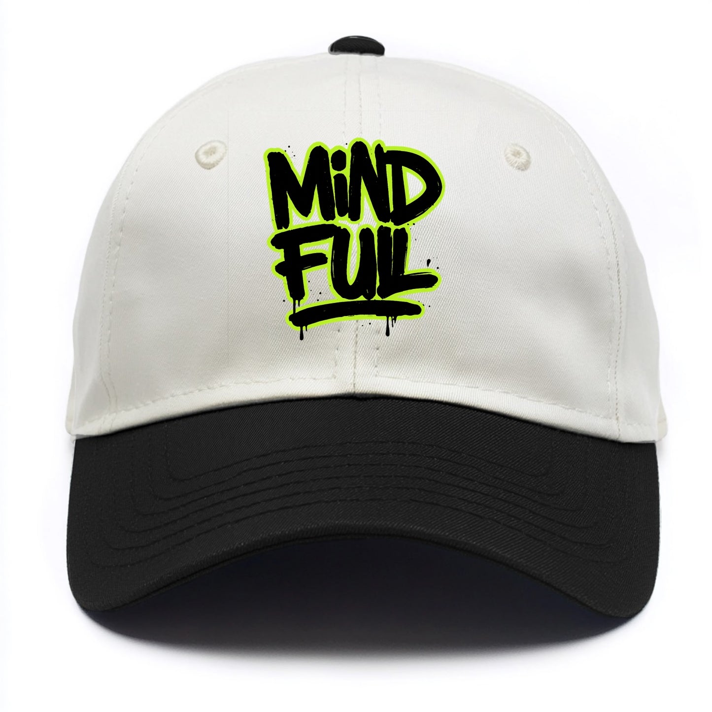 Bold typography design - "MINDFUL" - present awareness, conscious living - Two Tone Cap - Black