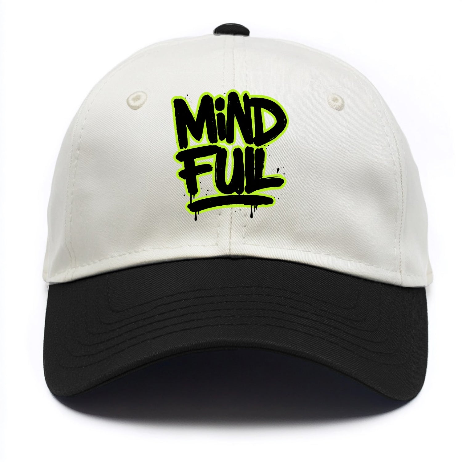 Bold typography design - "MINDFUL" - present awareness, conscious living - Two Tone Cap - Black