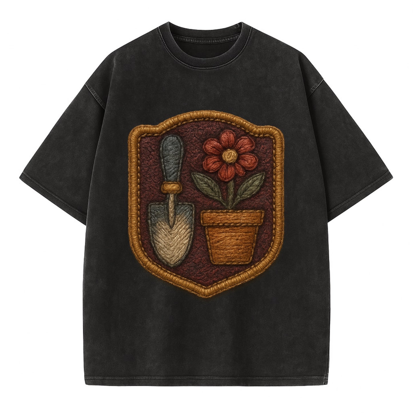 Garden trowel with flower pot - gardener badge - Vintage T-shirt - Black