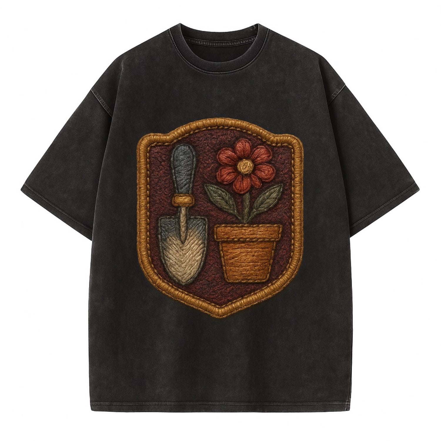 Garden trowel with flower pot - gardener badge - Vintage T-shirt - Black