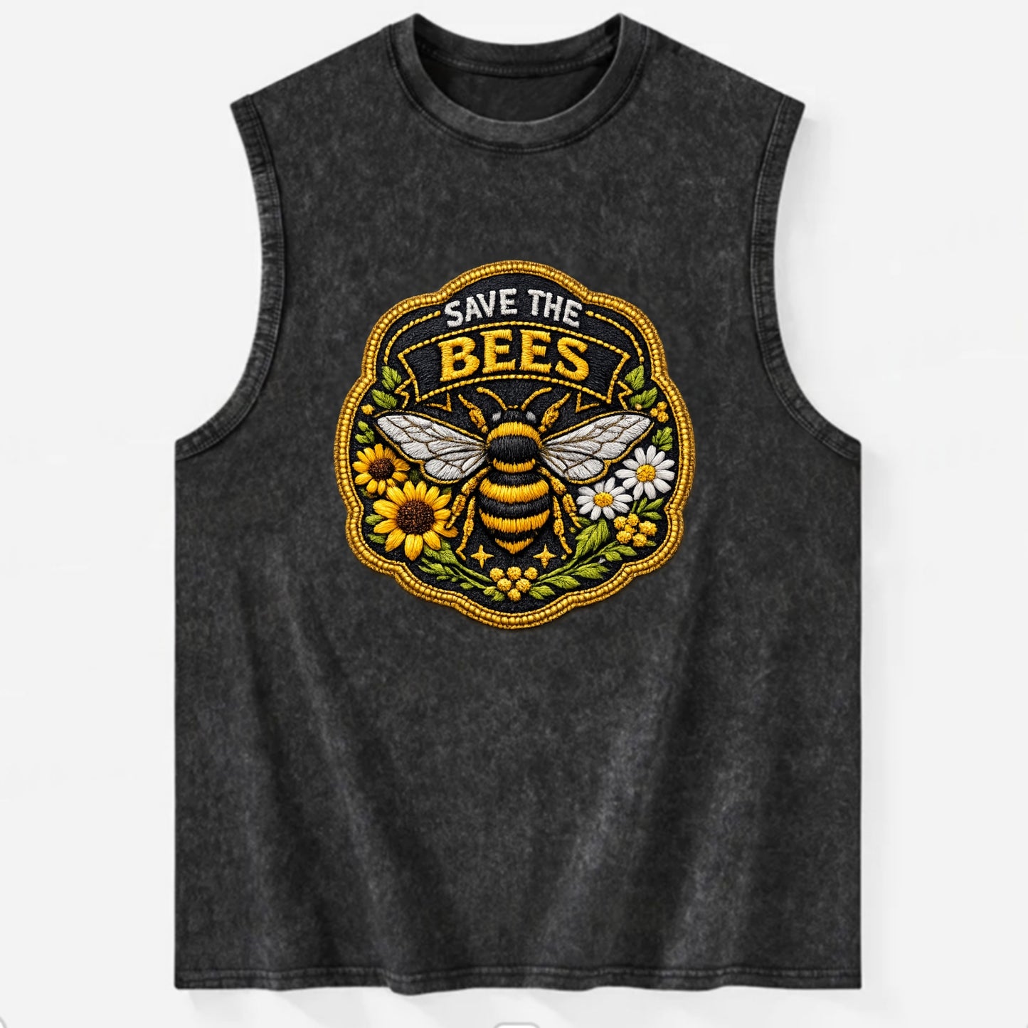 SAVE THE BEES - bee with flowers in yellow , pollinator protection - Vintage Washed Tank - Black