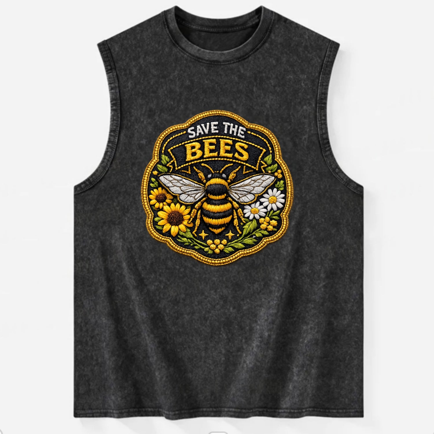 SAVE THE BEES - bee with flowers in yellow , pollinator protection - Vintage Washed Tank - Black