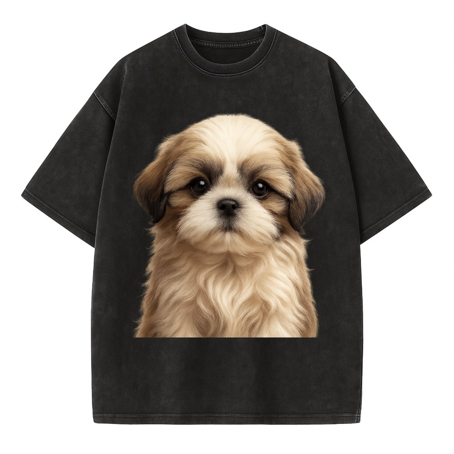 Baby Shih Tzu Puppy - long flowing coat, flat face, big dark eyes, front-facing, - Vintage T-shirt - Black