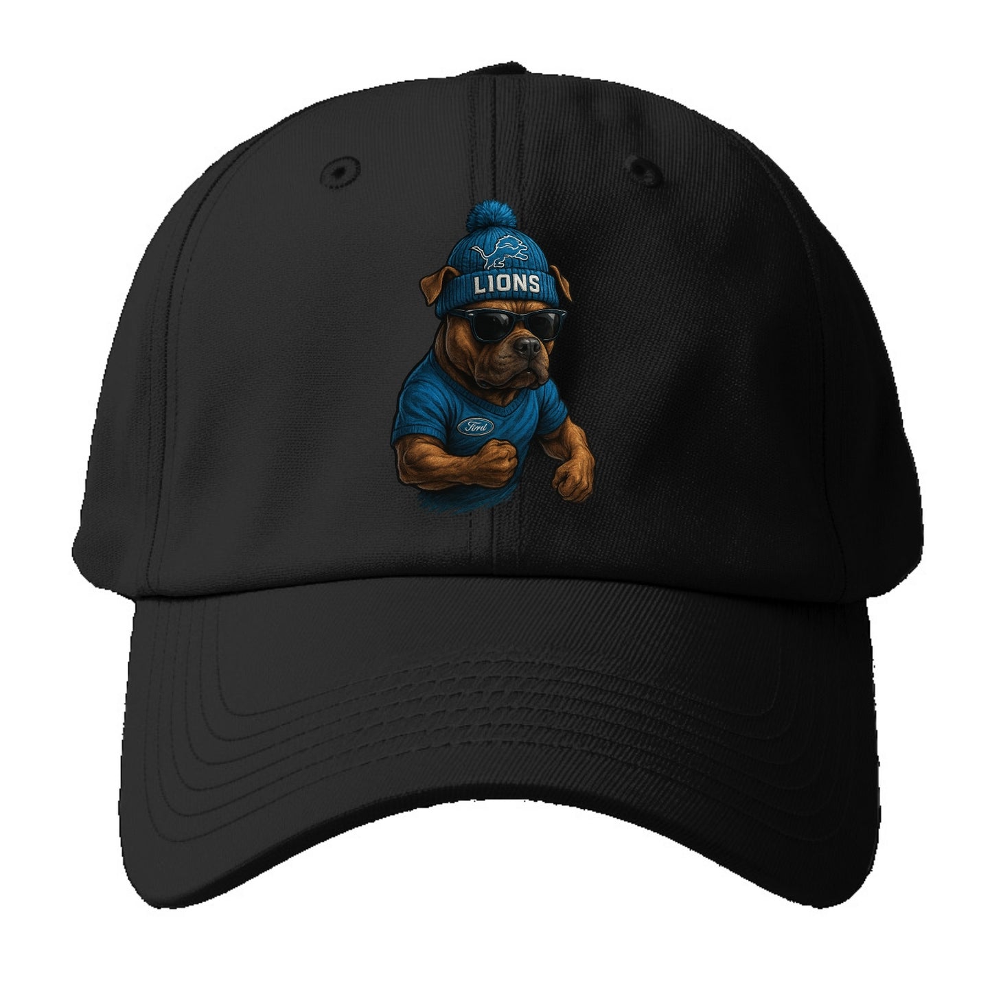 Detroit Pitbull wearing Lions beanie with auto patch and wayfarer - Baseball Cap For Big Heads - Black