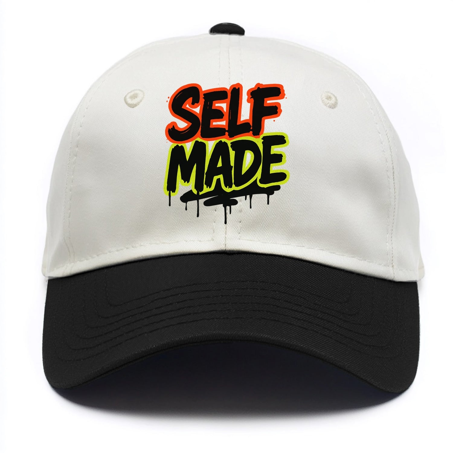 Bold typography design - "SELF MADE" - built from nothing, earned success - Two Tone Cap - Black