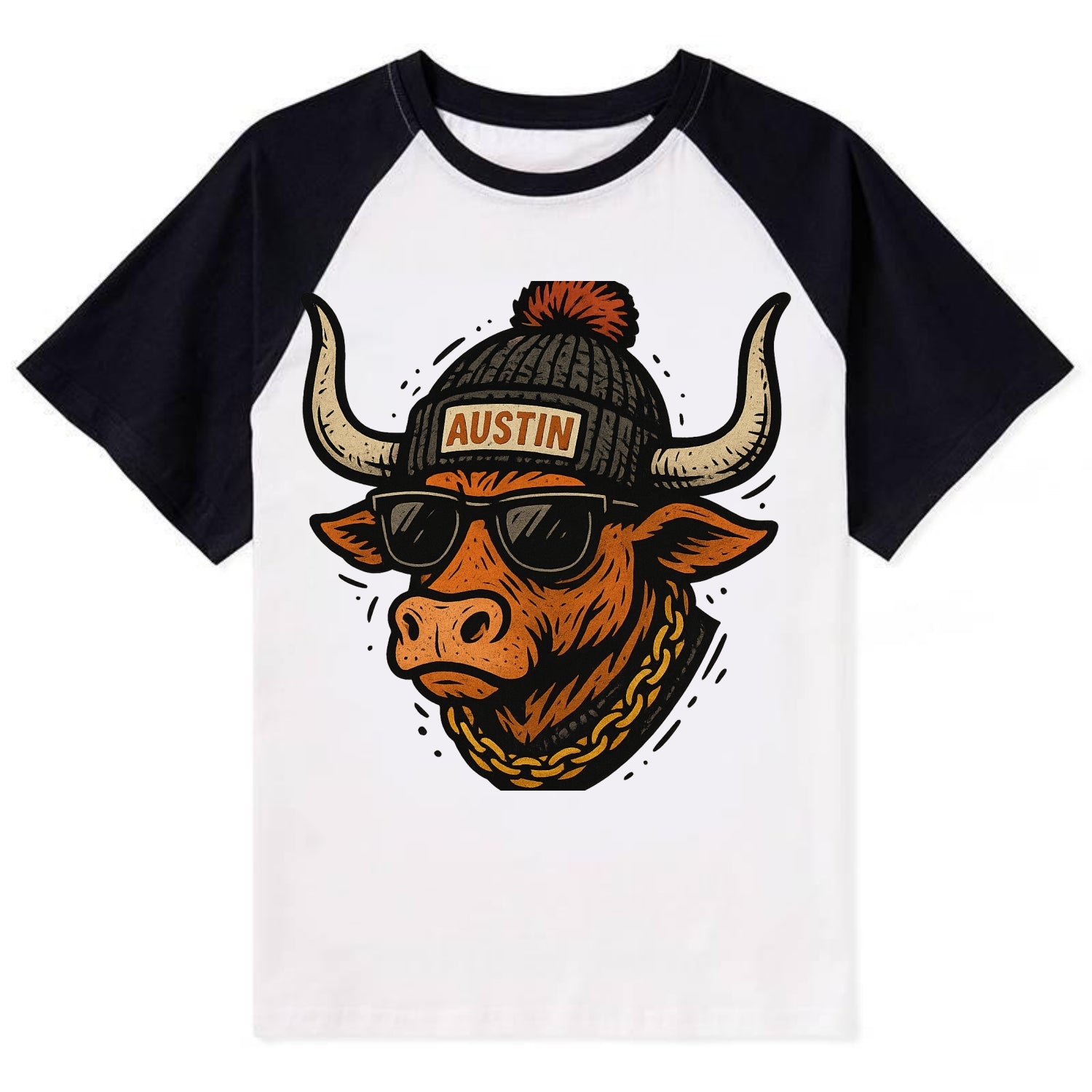 Texas Longhorn wearing Austin beanie with pom pom and wayfarer sunglasses - Contrast Raglan T-shirt - Black
