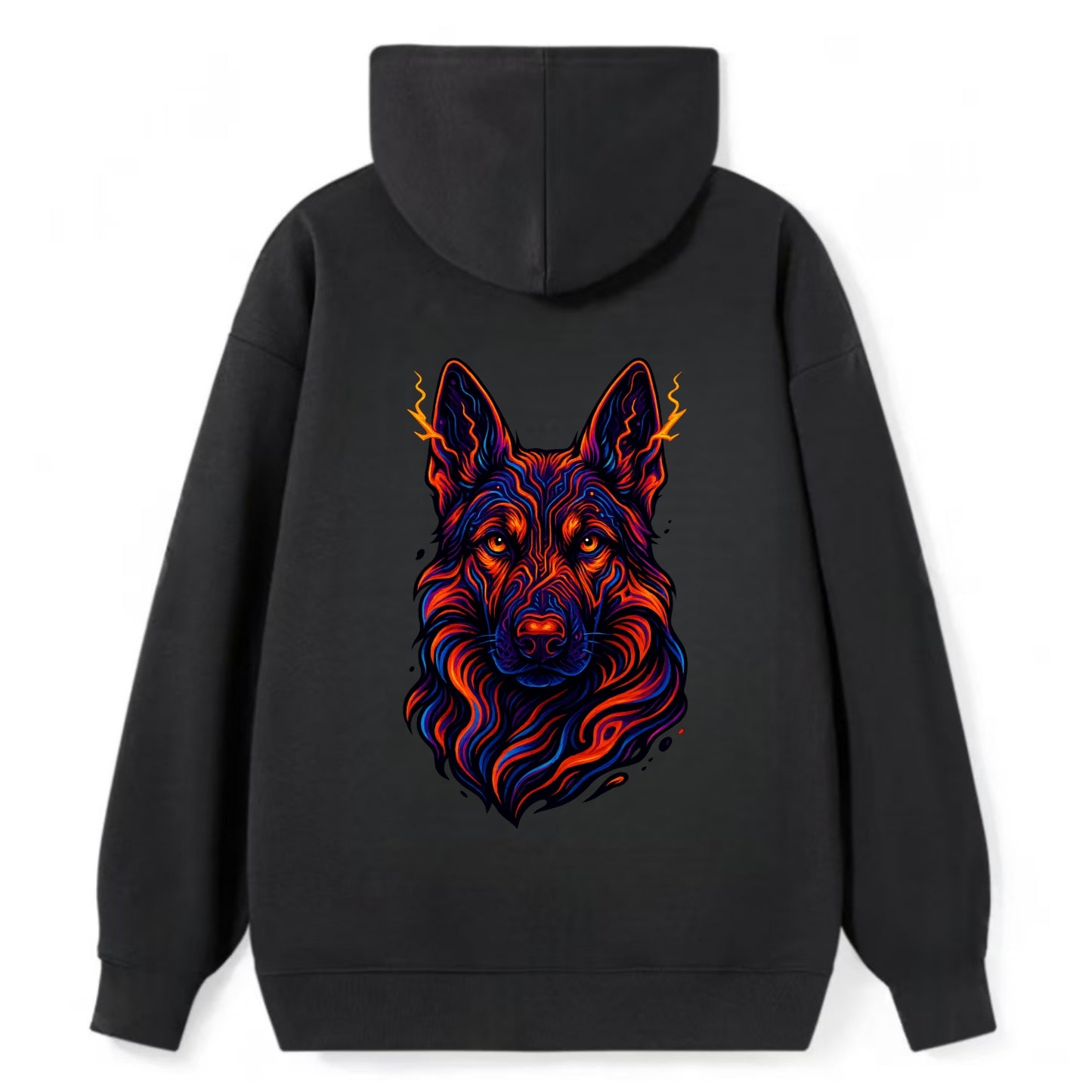 Alert German Shepherd with cyber circuit patterns in the fur, neon orange - Classic Pullover Hoodie - Black