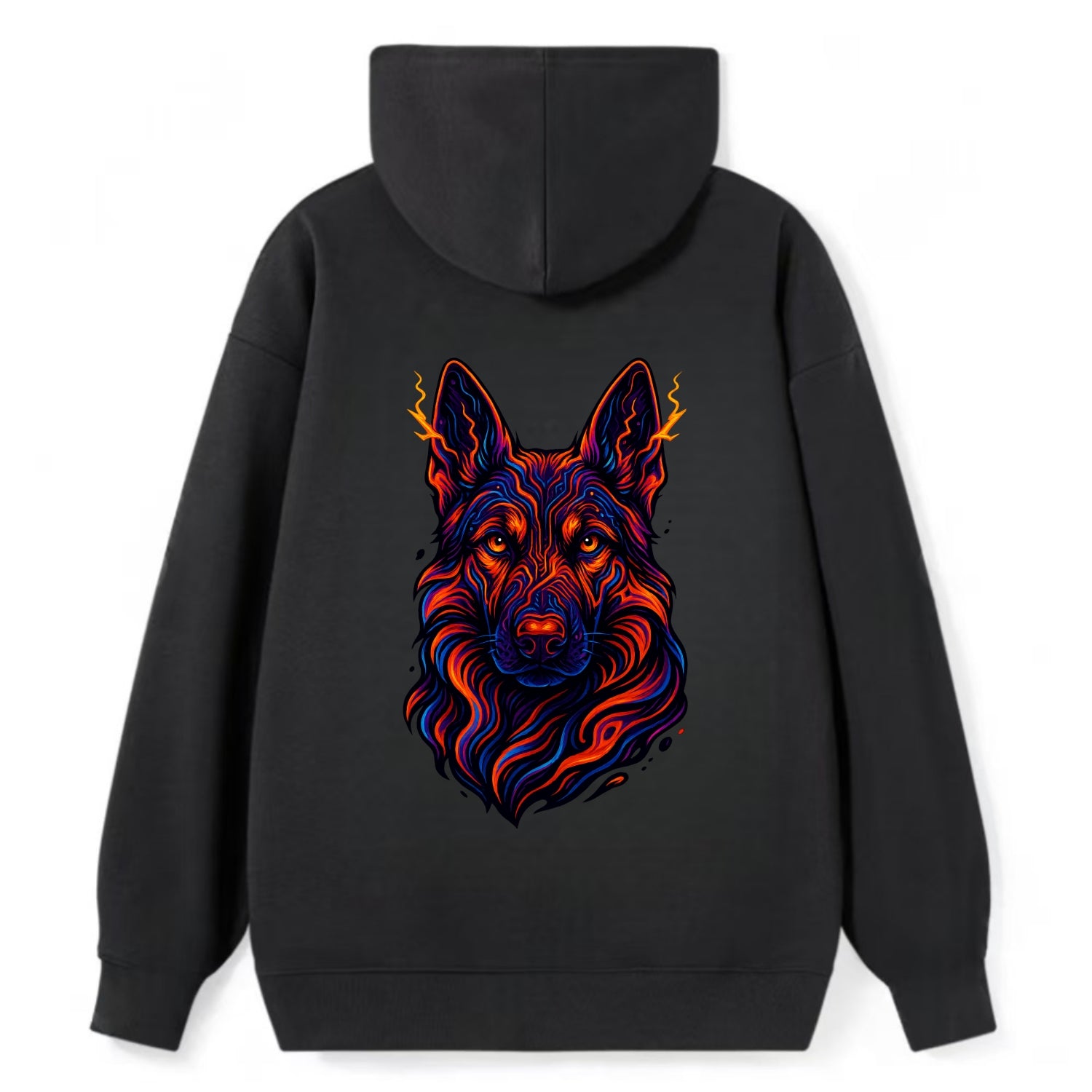 Alert German Shepherd with cyber circuit patterns in the fur, neon orange - Classic Pullover Hoodie - Black