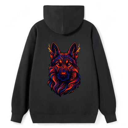 Alert German Shepherd with cyber circuit patterns in the fur, neon orange - Classic Pullover Hoodie - Black