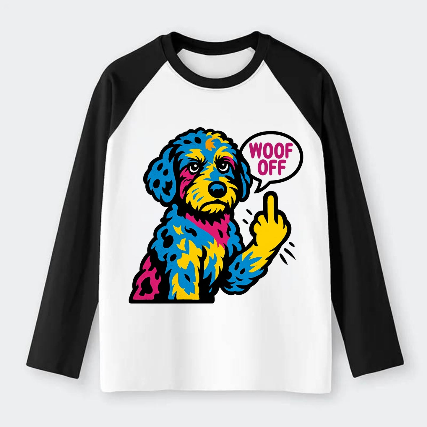 Aussiedoodle with merle patches and curly coat, playful smart paw - Raglan Long Sleeve T-Shirt - Black
