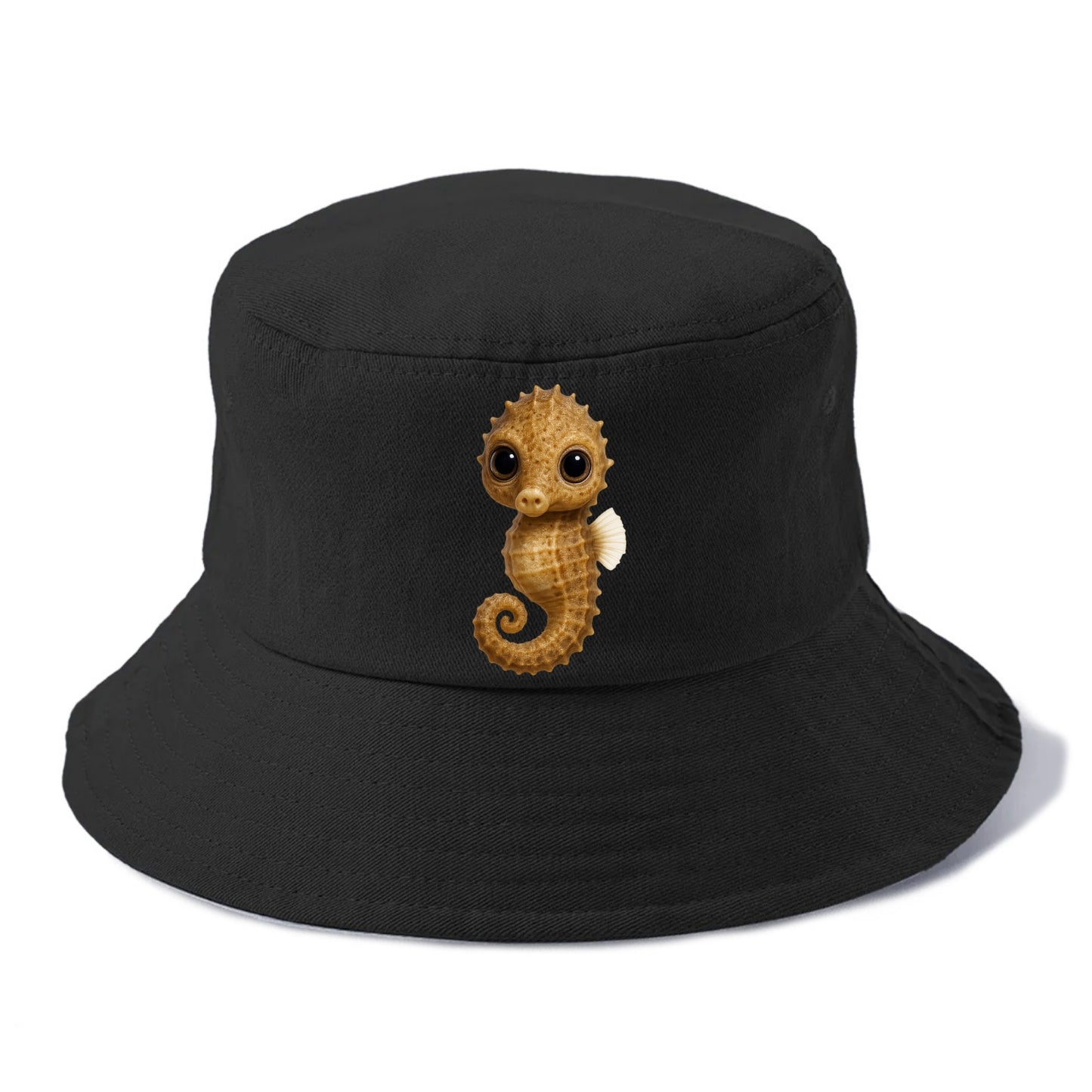 Baby Seahorse - curled tail, snout, large eyes, front-facing, delicate and cute - Bucket Hat - Black