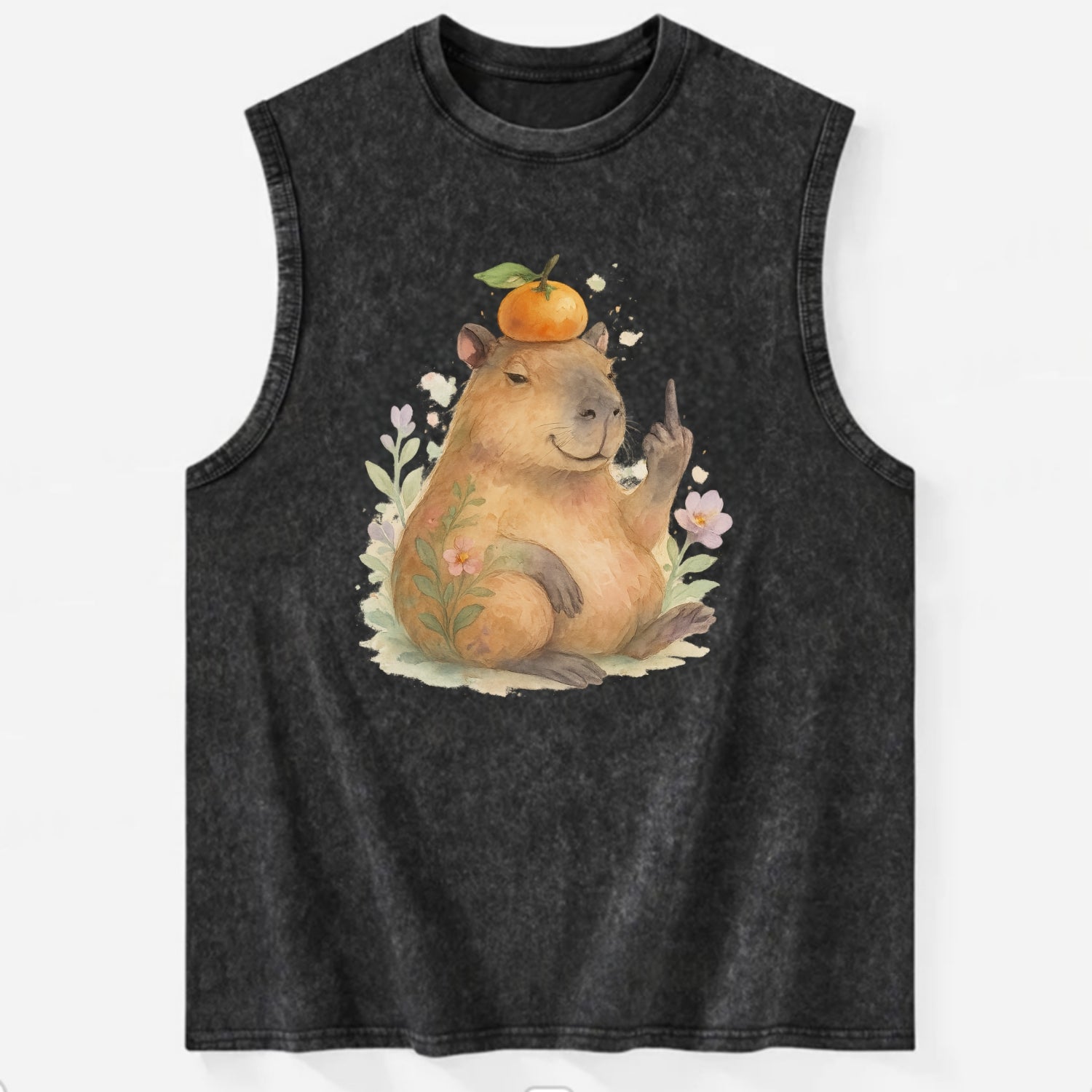 chonky capybara relaxing with orange on head, one webbed middle finger up - Vintage Washed Tank - Black