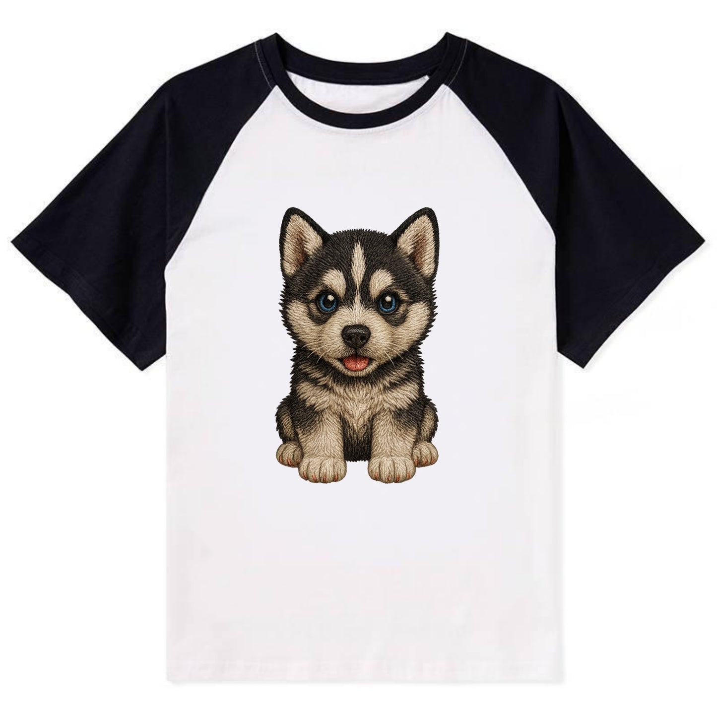 Baby Siberian Husky Puppy - blue or bi-colored eyes, fluffy coat, - Contrast Raglan T-shirt - Black