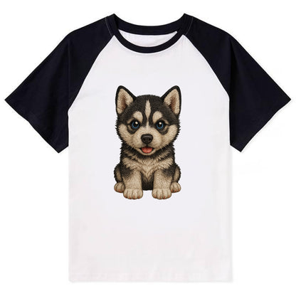 Baby Siberian Husky Puppy - blue or bi-colored eyes, fluffy coat, - Contrast Raglan T-shirt - Black