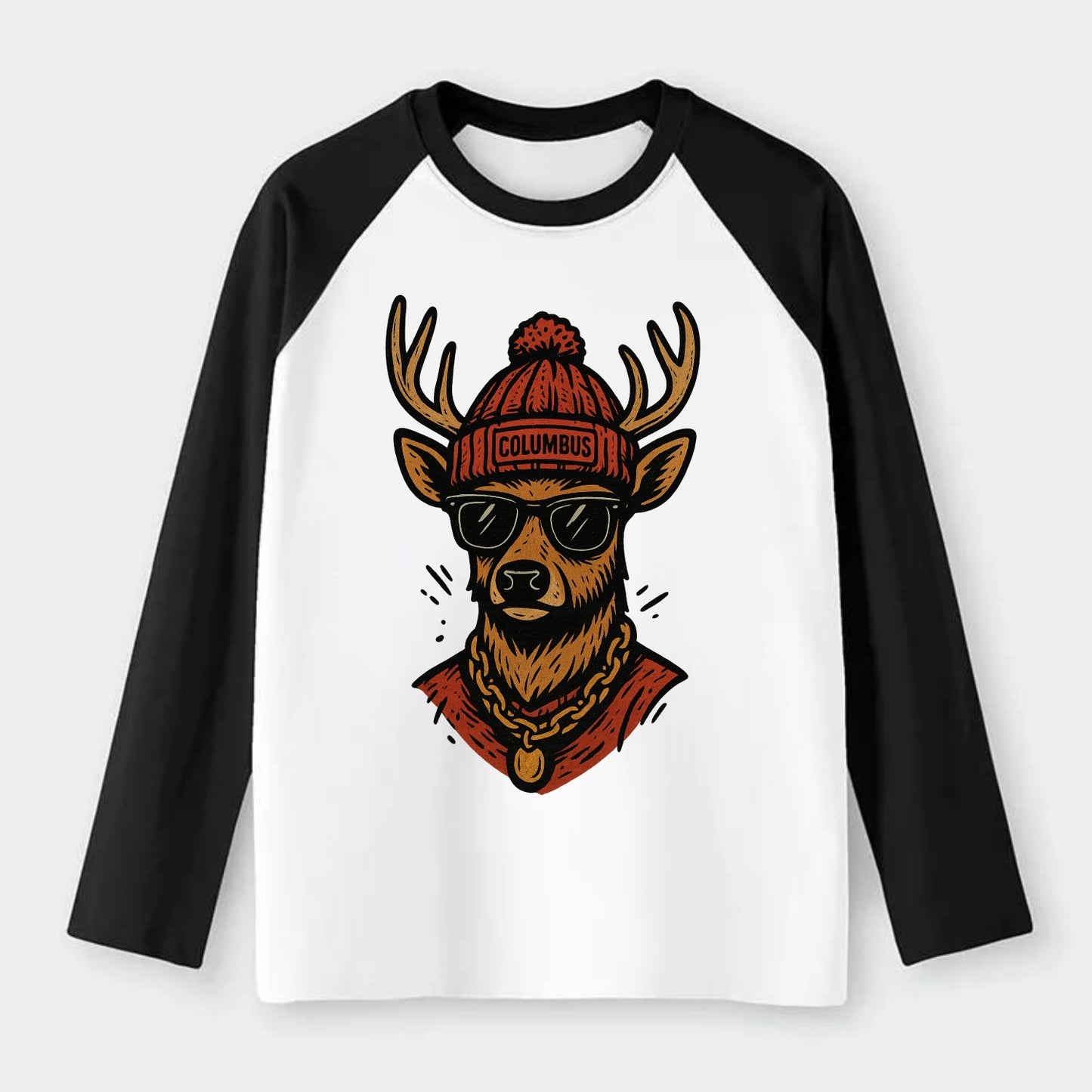 Columbus White-tailed Deer wearing Columbus beanie with pom pom and - Raglan Long Sleeve T-Shirt - Black