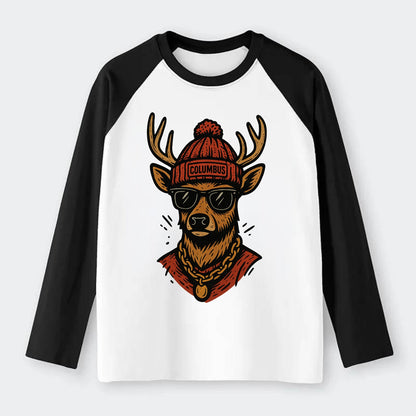 Columbus White-tailed Deer wearing Columbus beanie with pom pom and - Raglan Long Sleeve T-Shirt - Black
