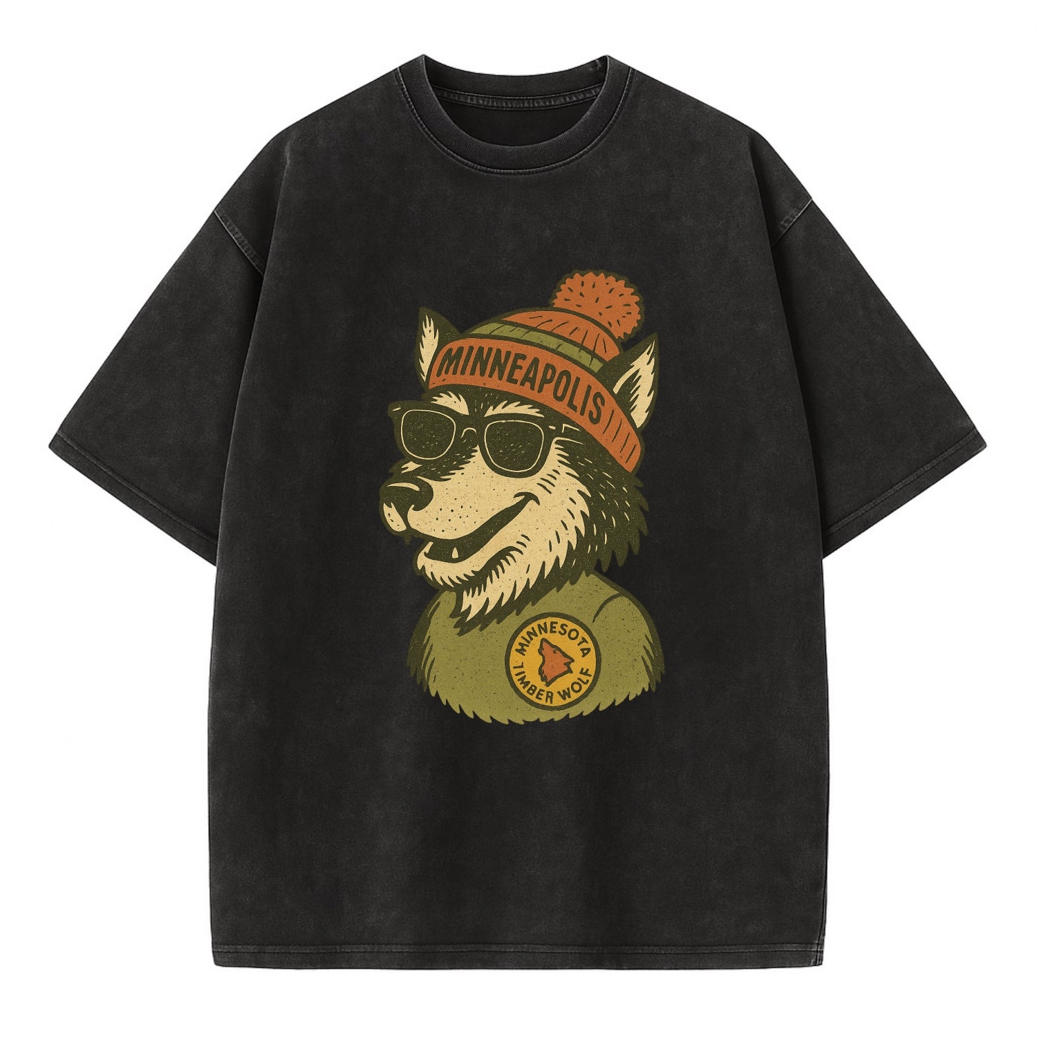Minnesota Timber Wolf wearing Minneapolis beanie with pom pom and wayfarer - Vintage T-shirt - Black