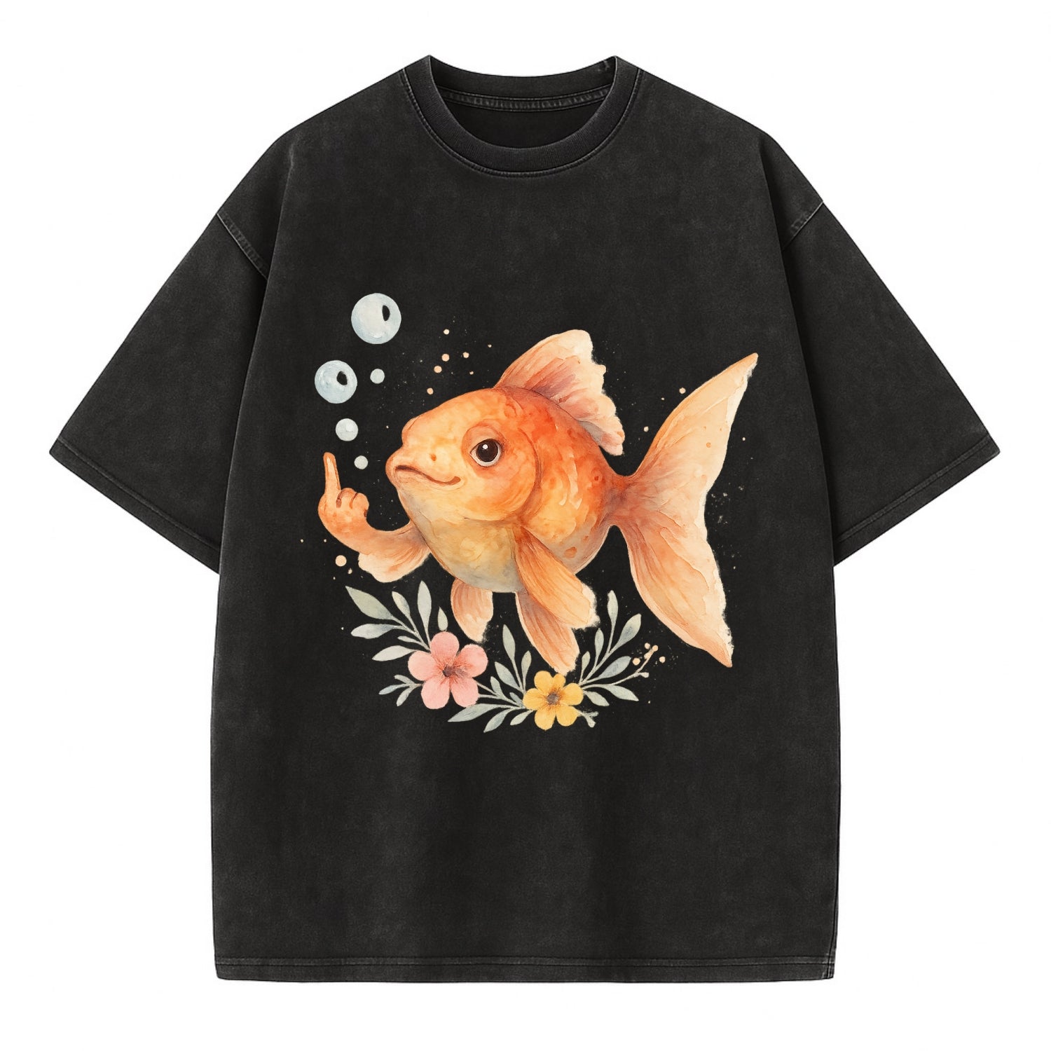 chubby goldfish blowing bubbles, one fin extended like middle finger - Vintage T-shirt - Black