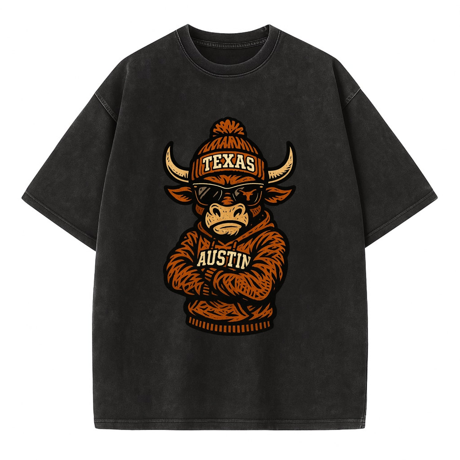 Austin Bevo wearing Texas beanie with longhorn patch - Vintage T-shirt - Black