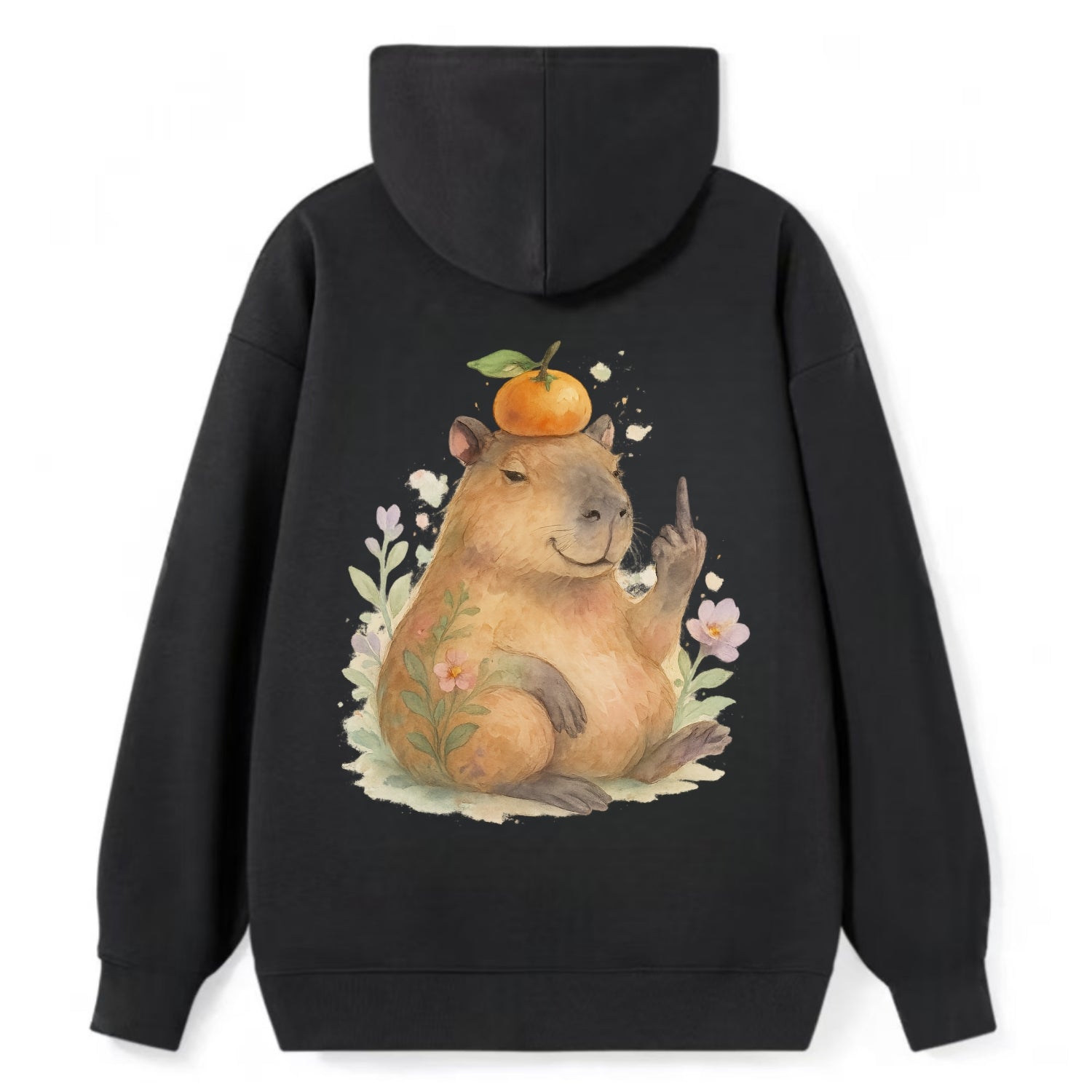 chonky capybara relaxing with orange on head, one webbed middle finger up - Classic Pullover Hoodie - Black