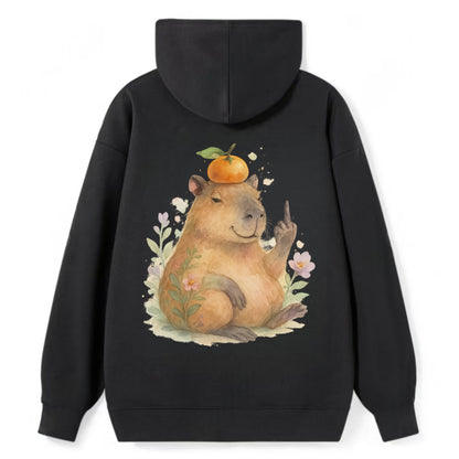 chonky capybara relaxing with orange on head, one webbed middle finger up - Classic Pullover Hoodie - Black