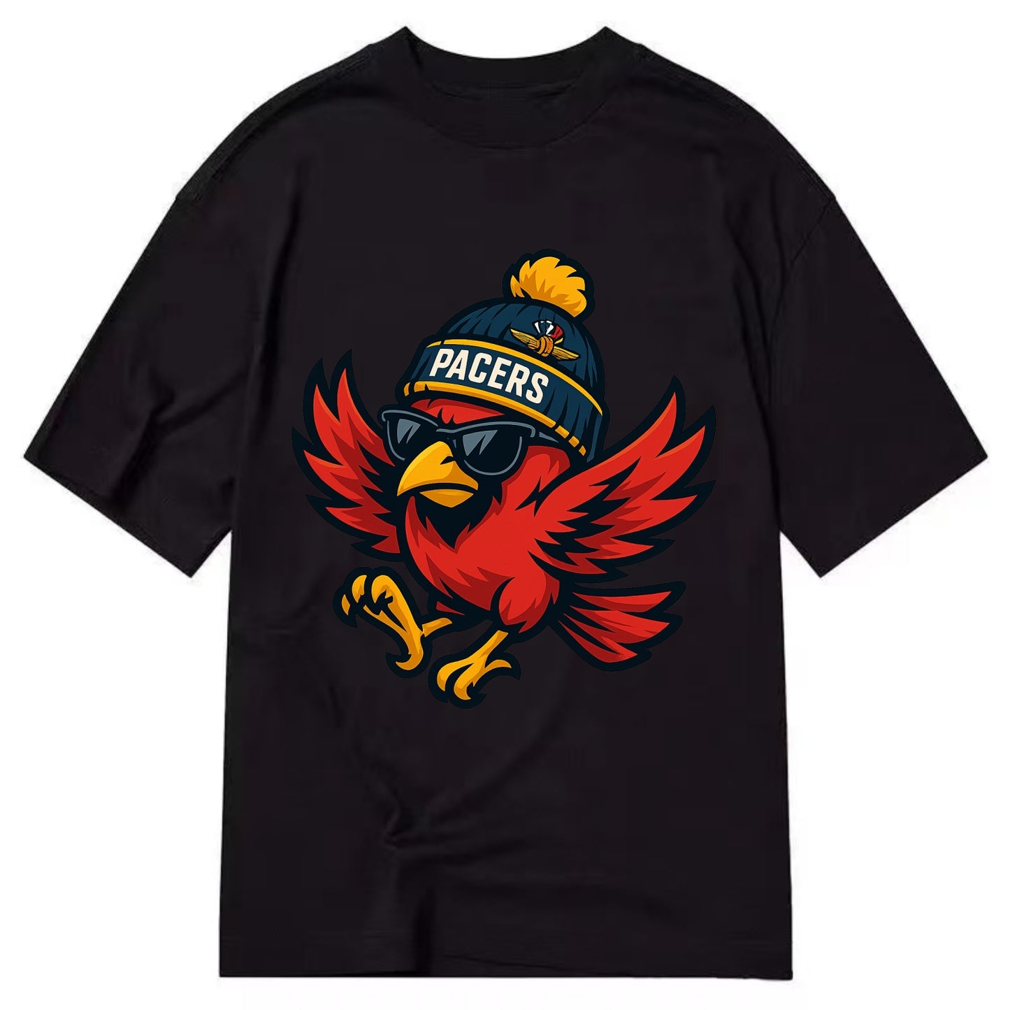 Indiana Cardinal wearing Pacers beanie with speedway patch and wayfarer sunglasses - Classic T-shirt - Black