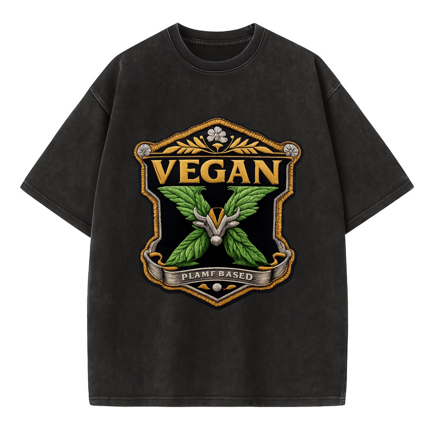 VEGAN X - plant-based symbol in green , animal rights - Vintage T-shirt - Black