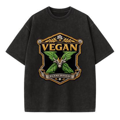 VEGAN X - plant-based symbol in green , animal rights - Vintage T-shirt - Black