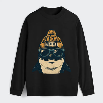 Seattle Orca wearing Seattle beanie with pom pom and wayfarer sunglasses - Classic Long Sleeve Shirt - Black