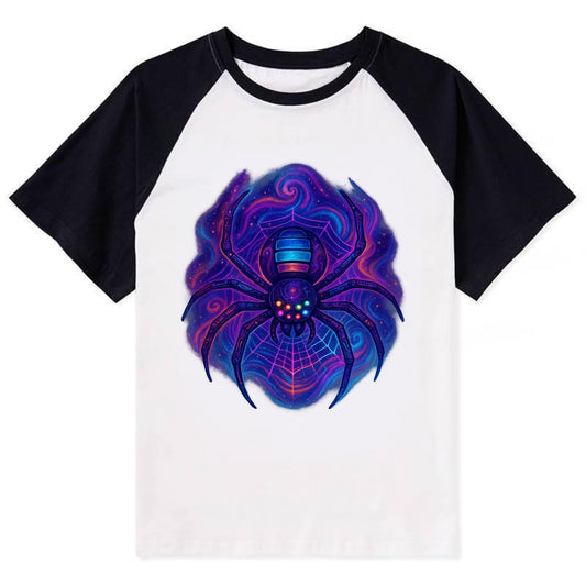 Tech spider with legs showing circuit board patterns, web glowing in neon - Contrast Raglan T-shirt - Black