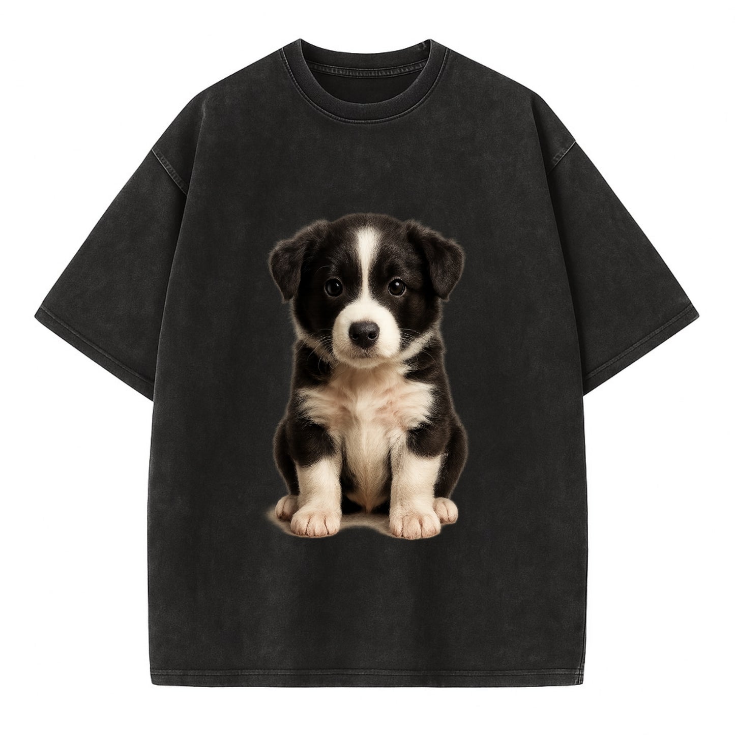 Baby Border Collie Puppy - black and white, intense smart eyes, athletic build, - Vintage T-shirt - Black
