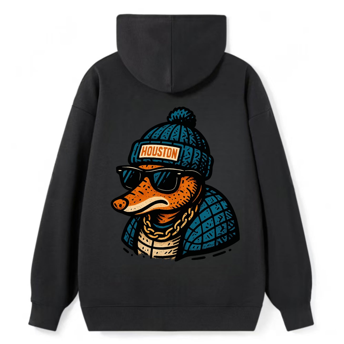Houston Armadillo wearing Houston beanie with pom pom and wayfarer - Classic Pullover Hoodie - Black
