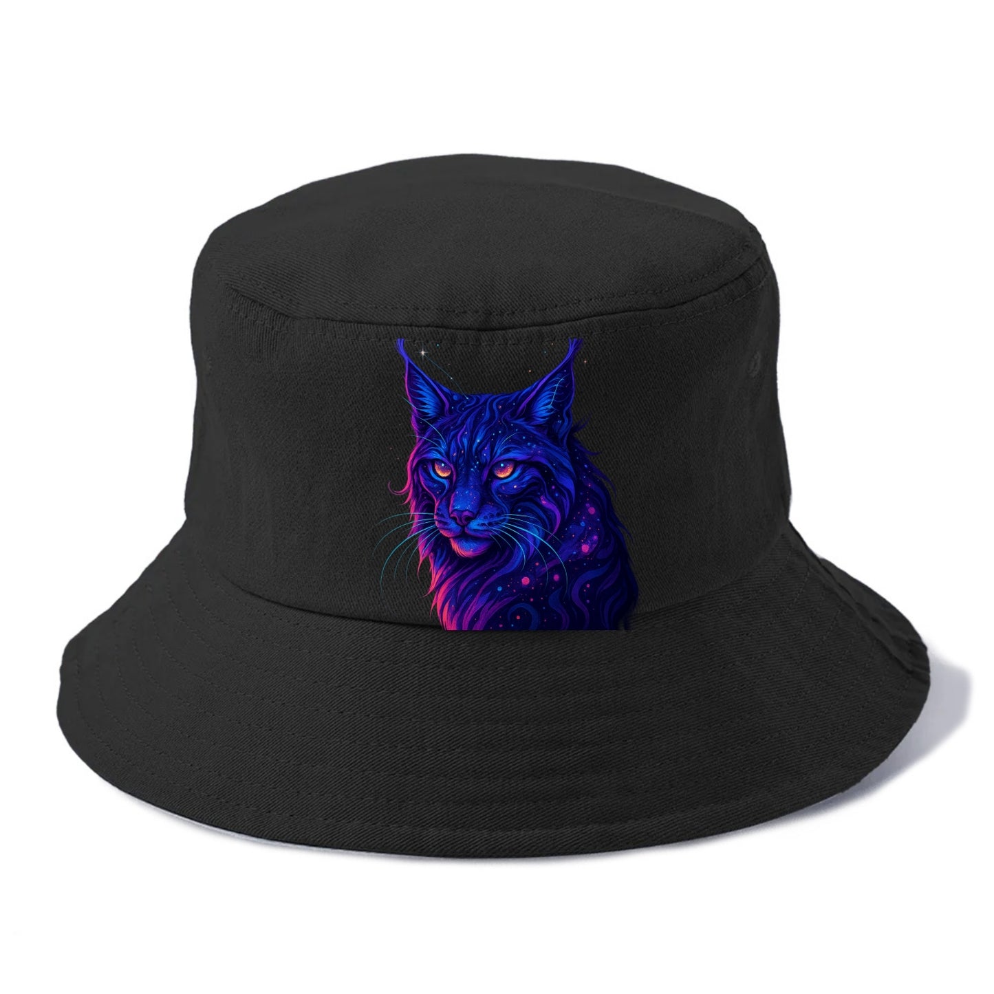 Stealthy lynx with ear tufts forming constellation patterns, nebula spots across the - Bucket Hat - Black