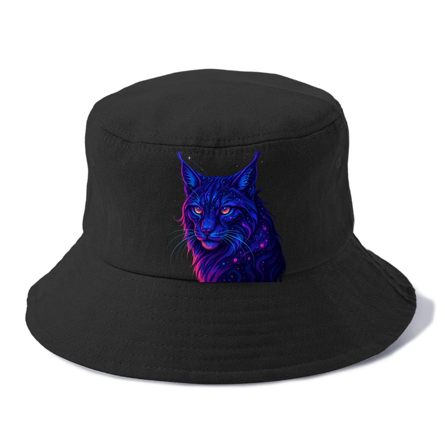 Stealthy lynx with ear tufts forming constellation patterns, nebula spots across the - Bucket Hat - Black